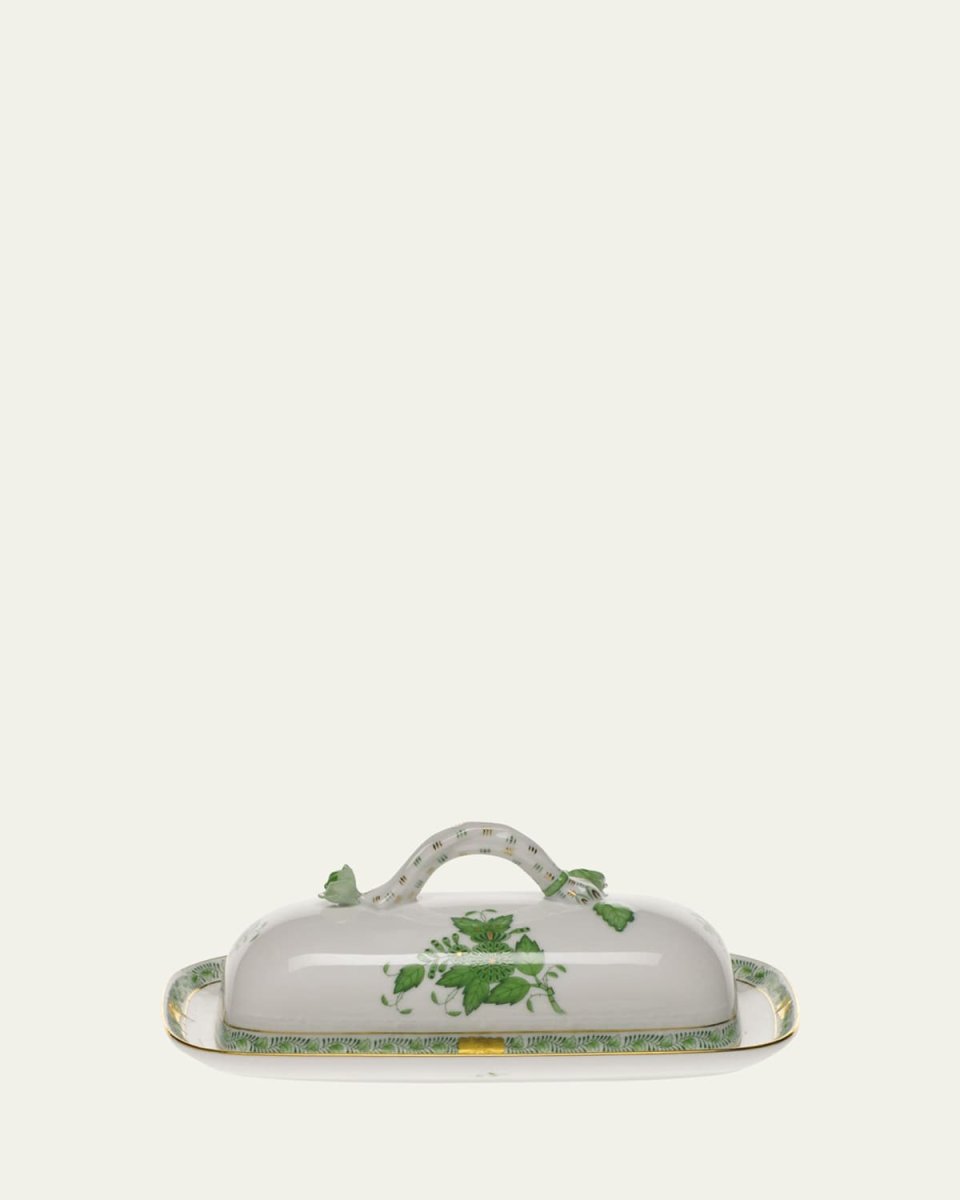 Chinese Bouquet Green Butter Dish with Branch Handle